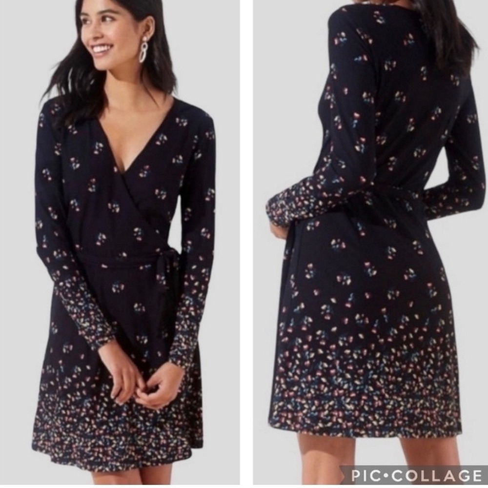 Loft‎ S Petaled Jersey True Wrap Knee Length Dress Floral Long sleeve Fall Boho